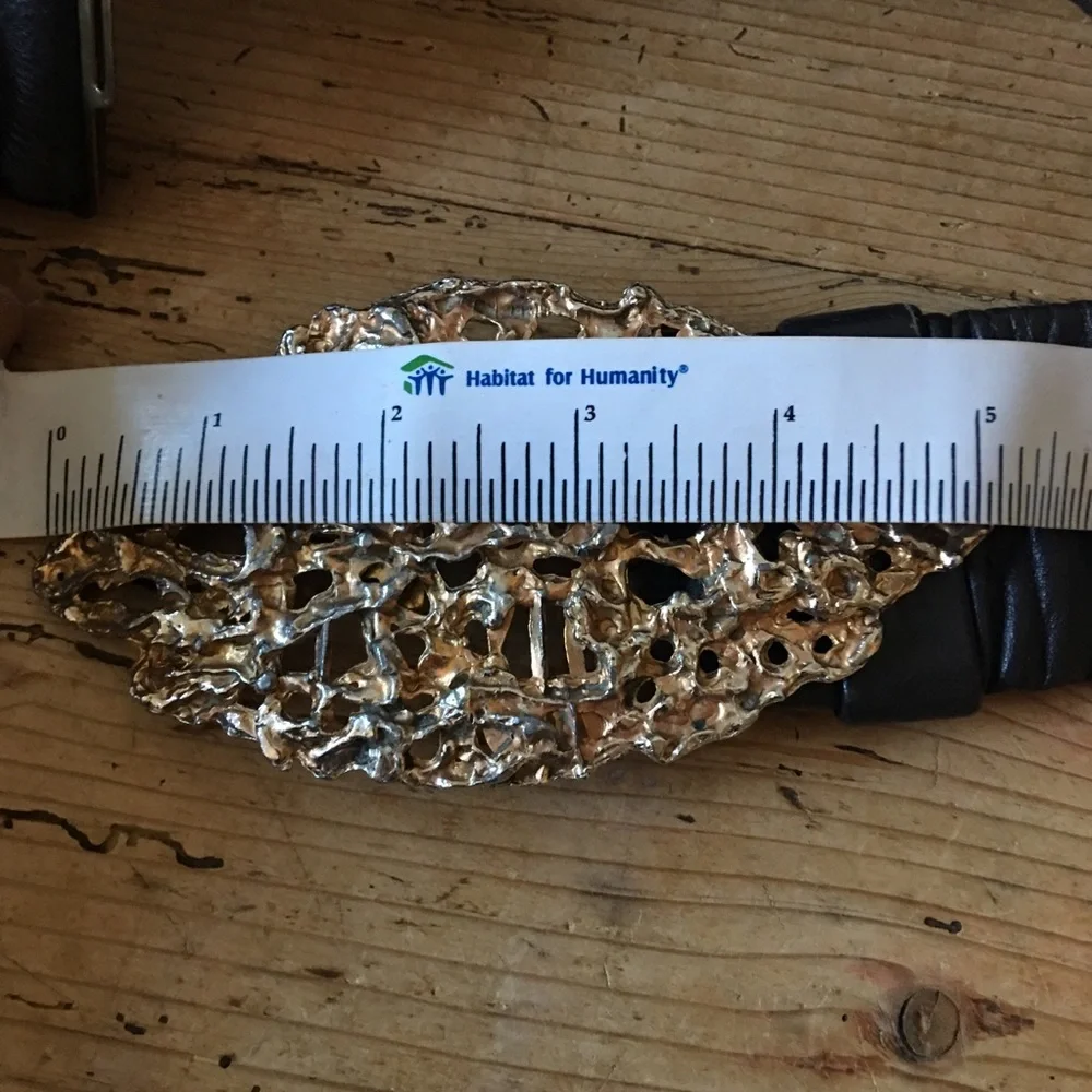 Vintage Leather Belt w/ Ornate Gold Brass Buckle